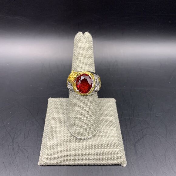 Dragon Ring Size 8 Two Tone Silver Gold Color Red Glass Stone Chunky Bold - Picture 2 of 9